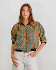 Dry Country Bomber Jacket for women with 3/4 sleeves featuring contemporary Australian Indigenous artwork.