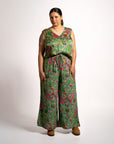 Front view of model wearing Sophie Pants Boodja showing wide-leg silhouette and elastic drawstring waist detail.