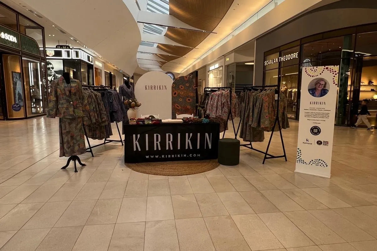Kirrikin NAIDOC Week pop-up store display at Karrinyup Shopping Centre featuring Indigenous luxury fashion and accessories.