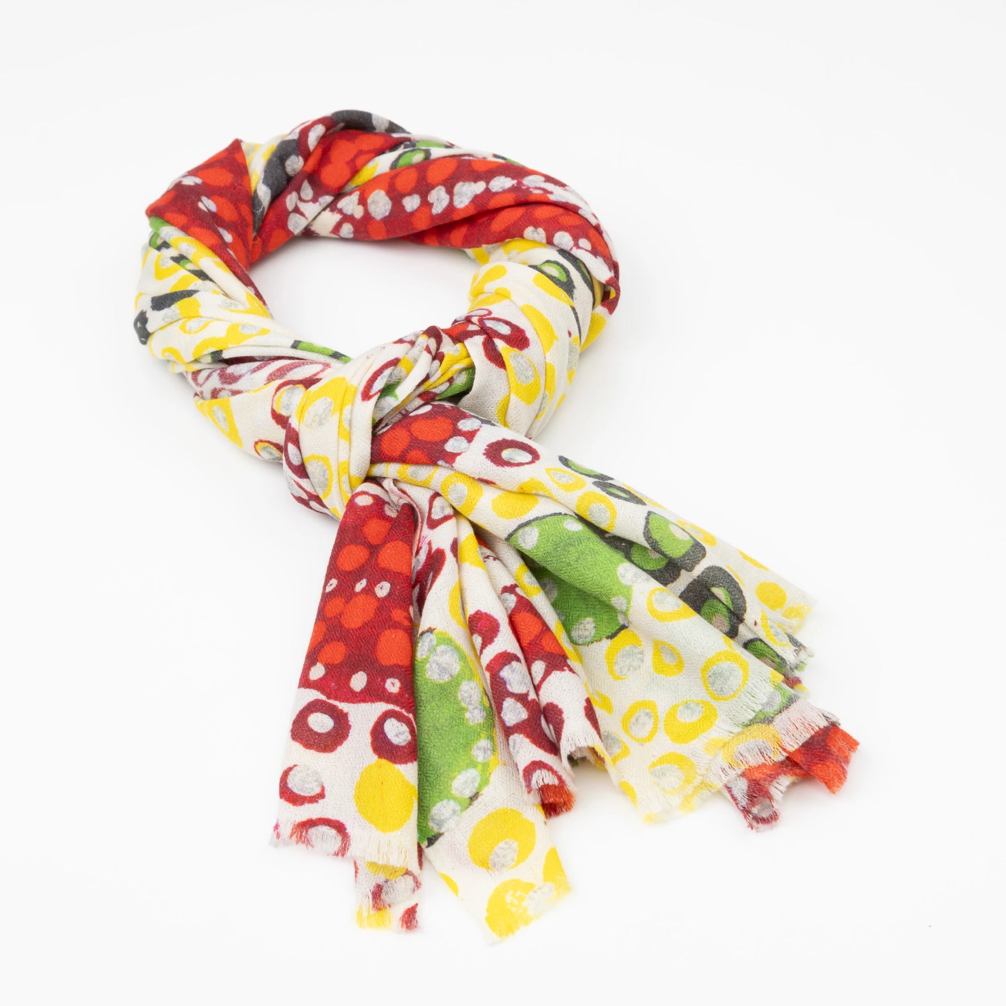 Kirrikin Blooming Sturt Peas luxury cashmere scarf flat lay featuring vibrant red and orange First Nations botanical artwork by Sally White.