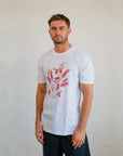 Flat lay view of the unisex Boodja t-shirt in sustainable cotton featuring modern First Nations inspired line art.