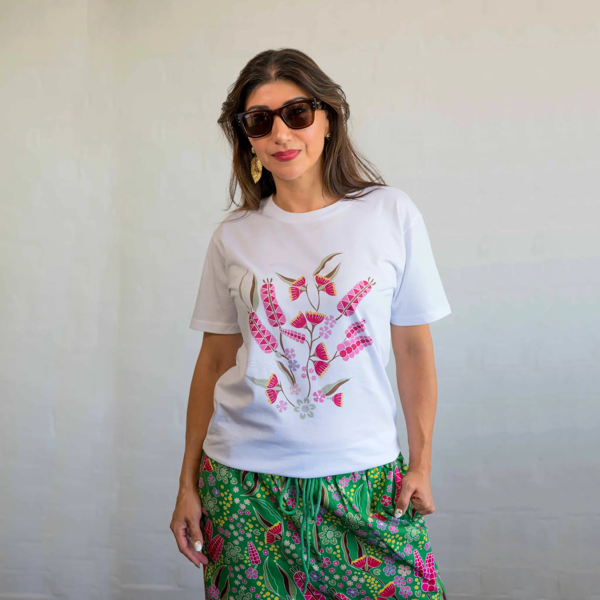 Unisex Boodja t-shirt worn outdoors, showing a comfortable everyday streetwear style made from soft organic cotton.