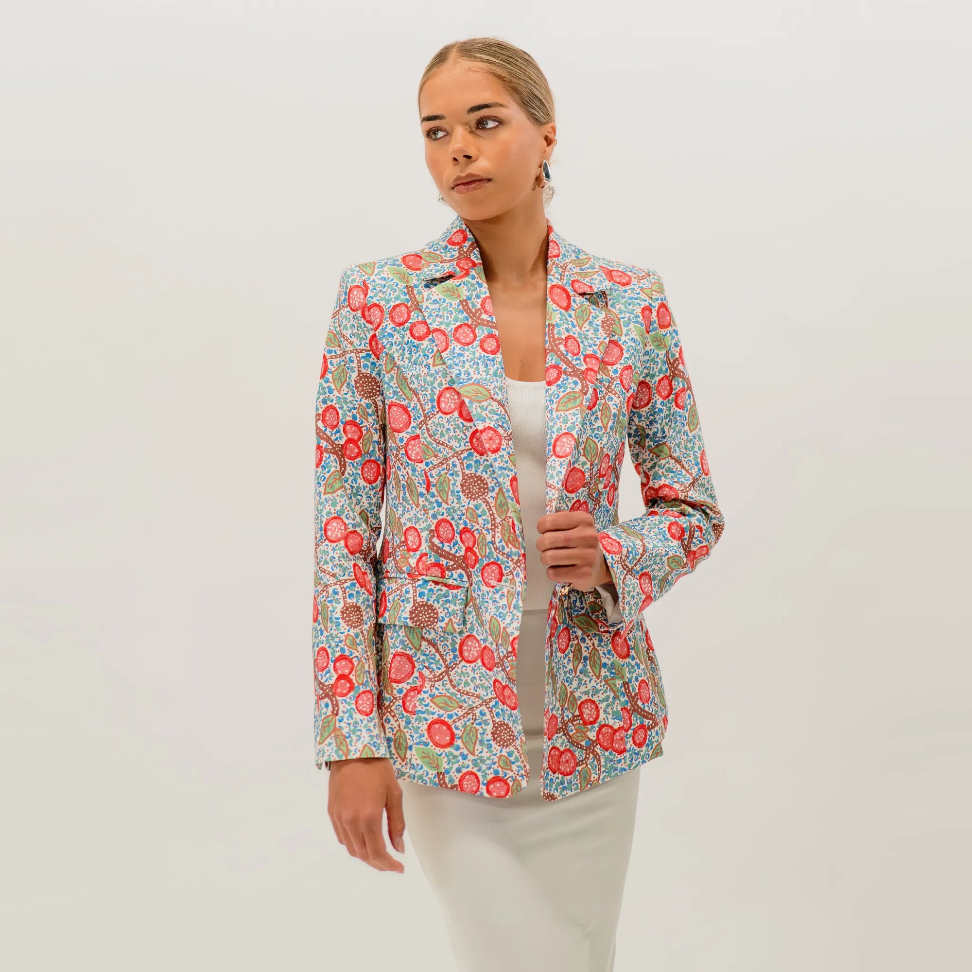 Bushtucker Jacket featuring vibrant Australian artwork by Sally White with native bush-inspired design