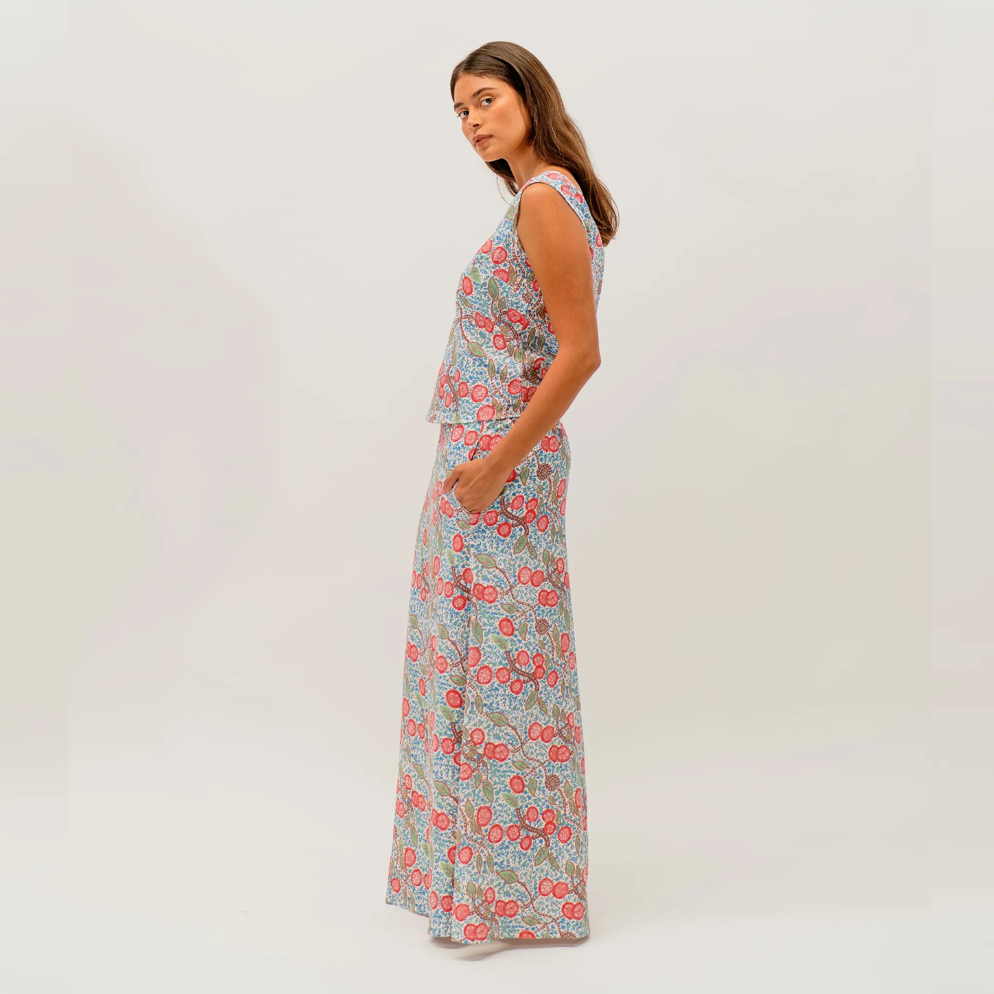 Bushtucker skirt with vibrant Aboriginal artwork by Sally White celebrating Australia's native bush foods.