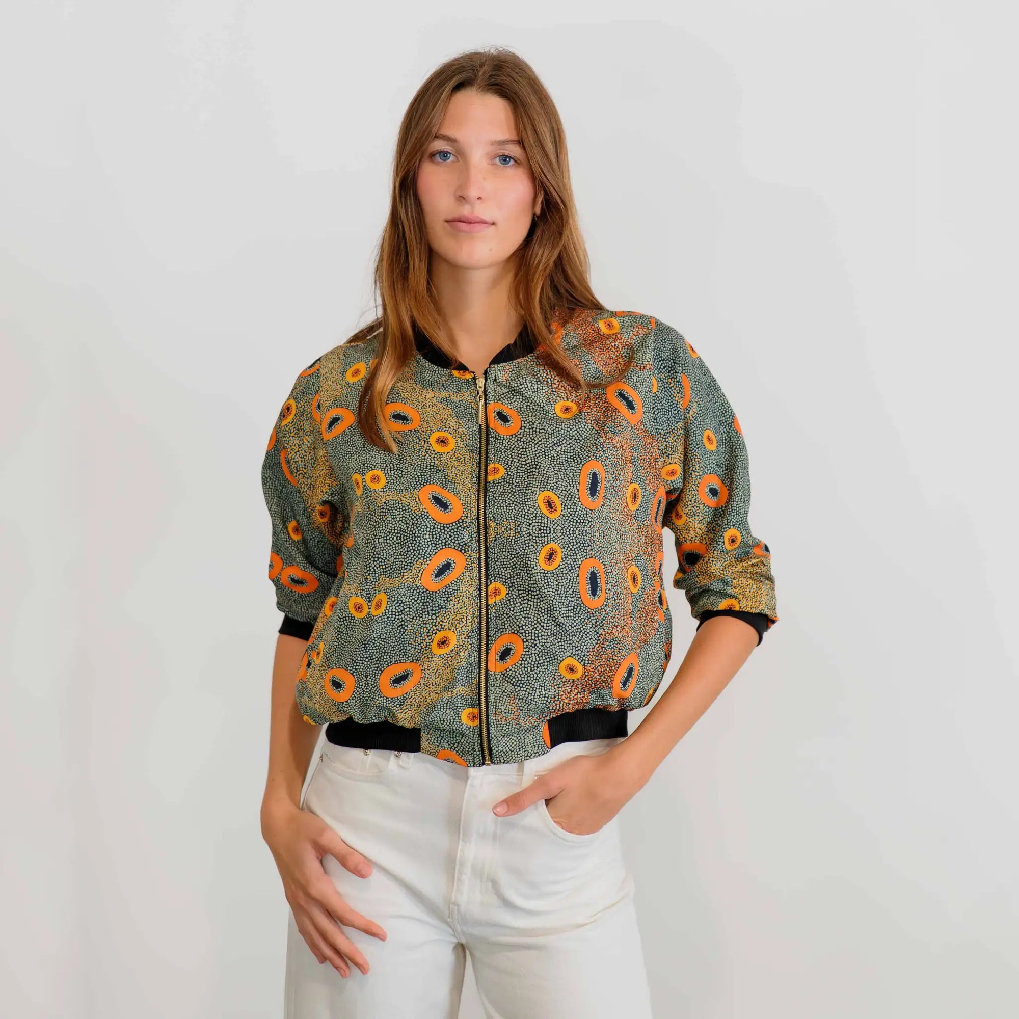 Dry Country Bomber Jacket for women with 3/4 sleeves featuring contemporary Australian Indigenous artwork.