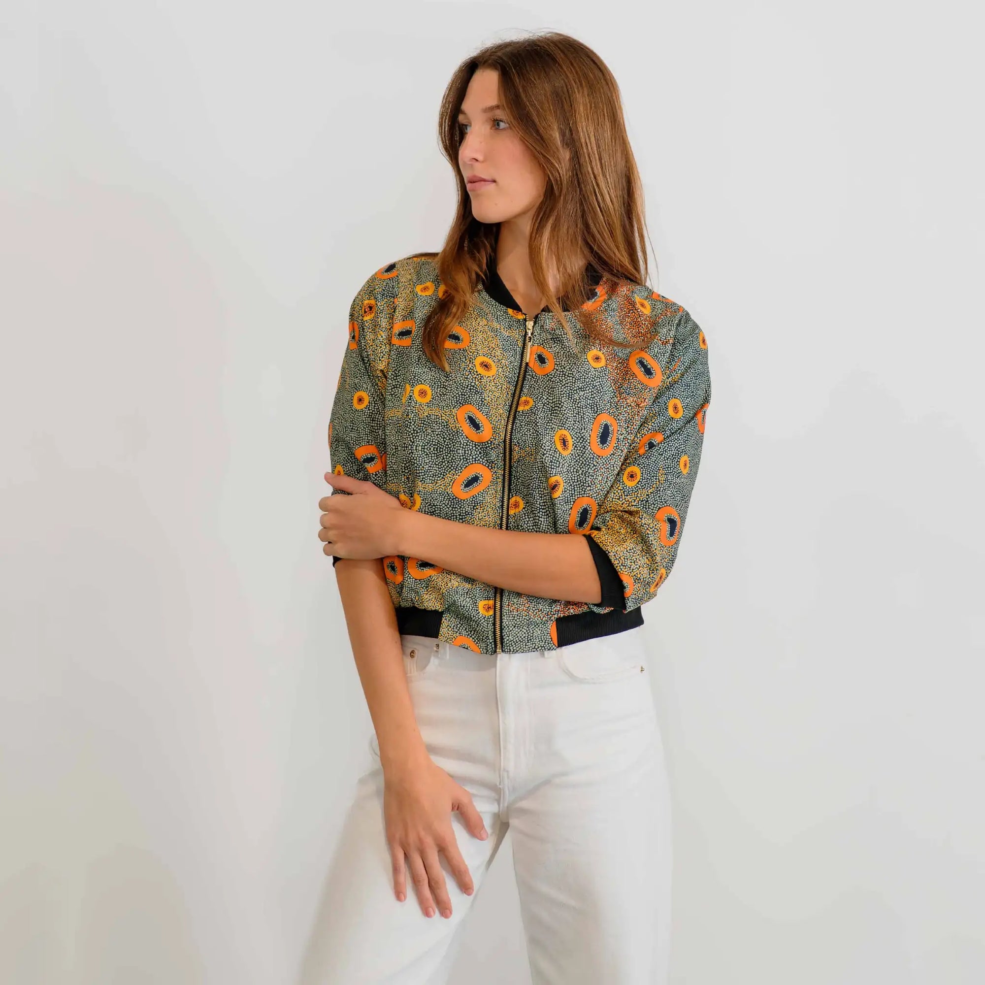Women's Dry Country 3/4 Sleeve Bomber Jacket showcasing authentic Australian Indigenous art design.