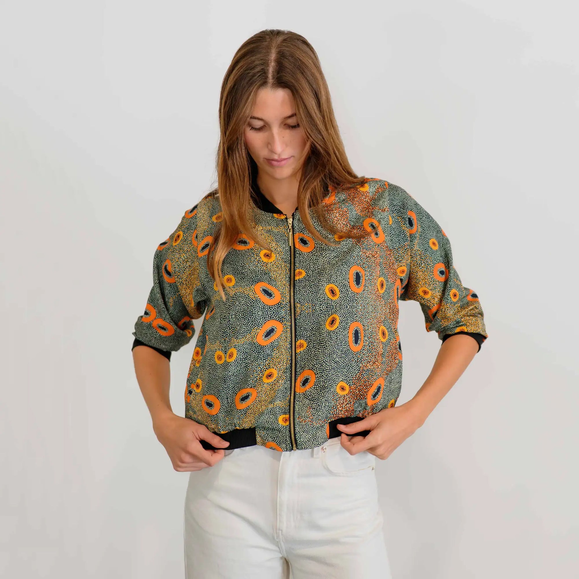 Dry Country Women's Bomber Jacket with 3/4 sleeves inspired by the colours and landscapes of the Australian outback.