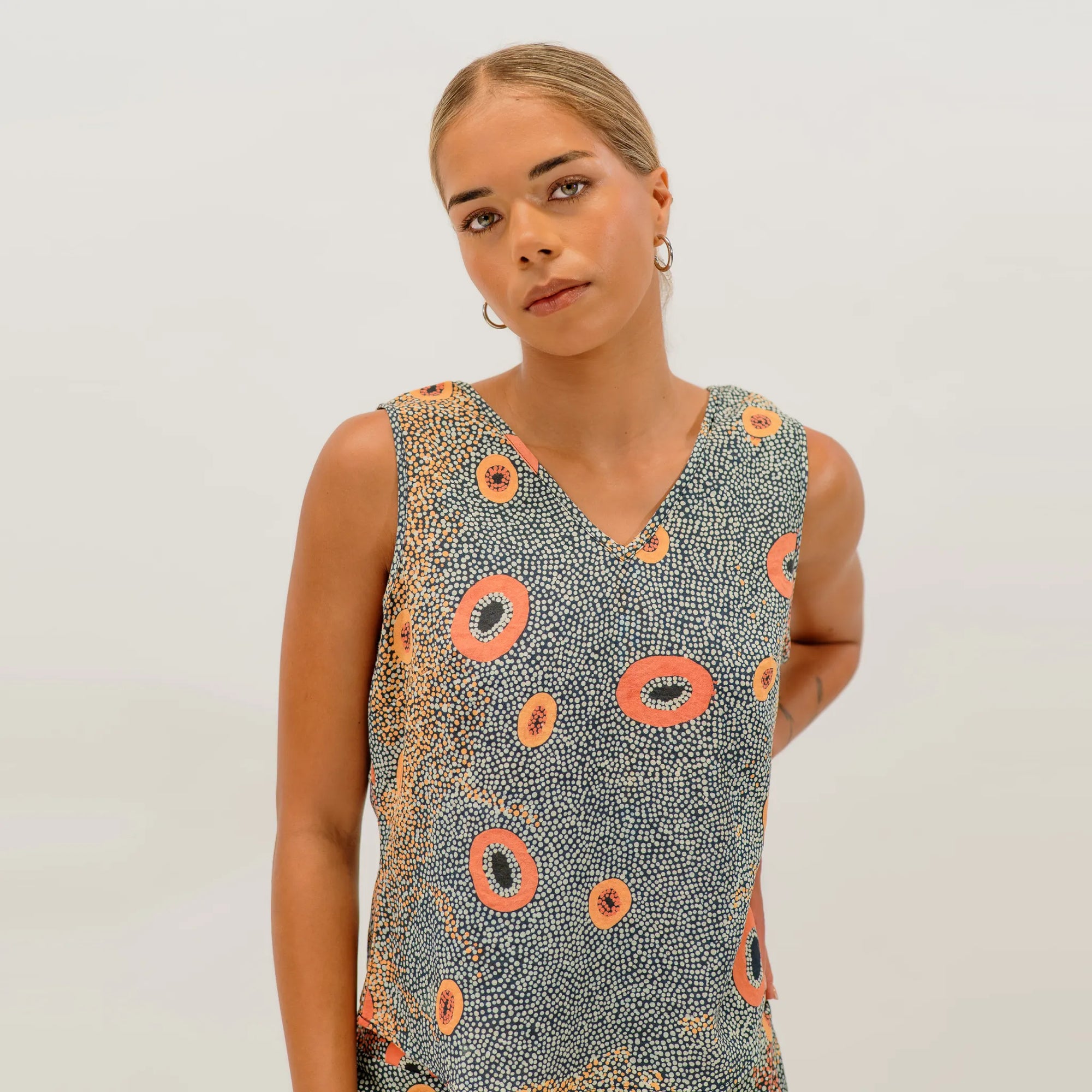 Australian-designed Dry Country Tank Top with exclusive Dry Country artwork by Sheryl Hicks in lightweight fabric