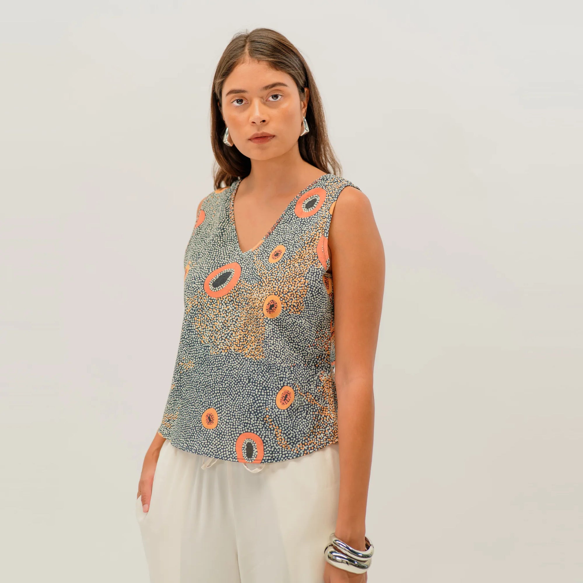 Dry Country Tank Top featuring Australian artwork by Sheryl Hicks with vibrant outback-inspired print for women
