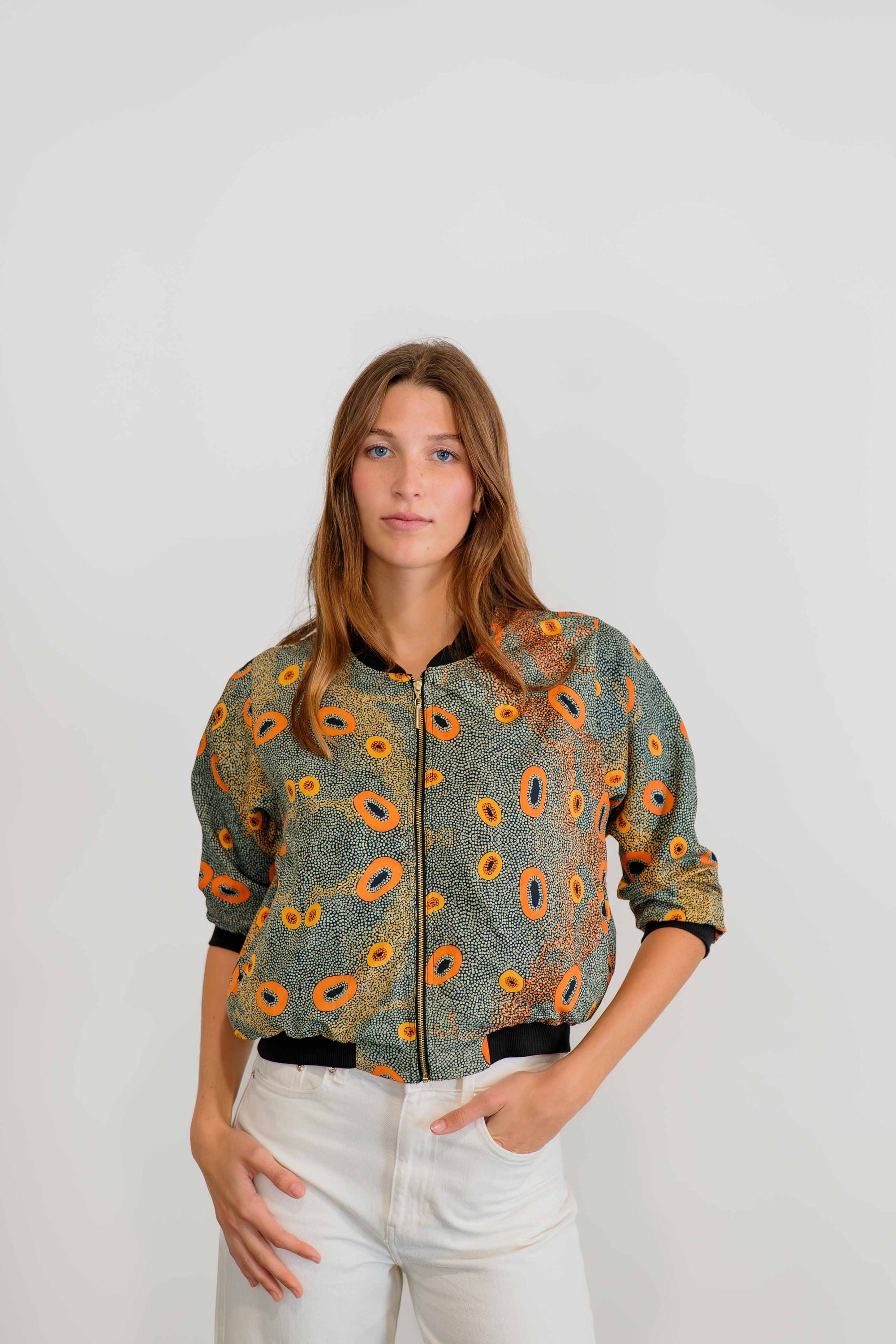 Dry Country Bomber Jacket | Women's 3/4 Sleeve Silk Mango Jacket- Artwork by Sheryl Hicks