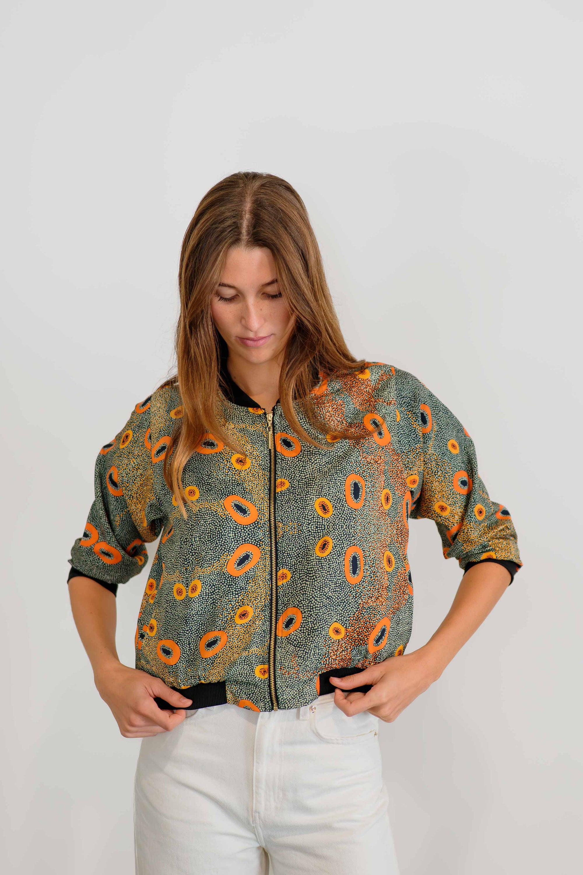 Dry Country Bomber Jacket | Women's 3/4 Sleeve Silk Mango Jacket- Artwork by Sheryl Hicks