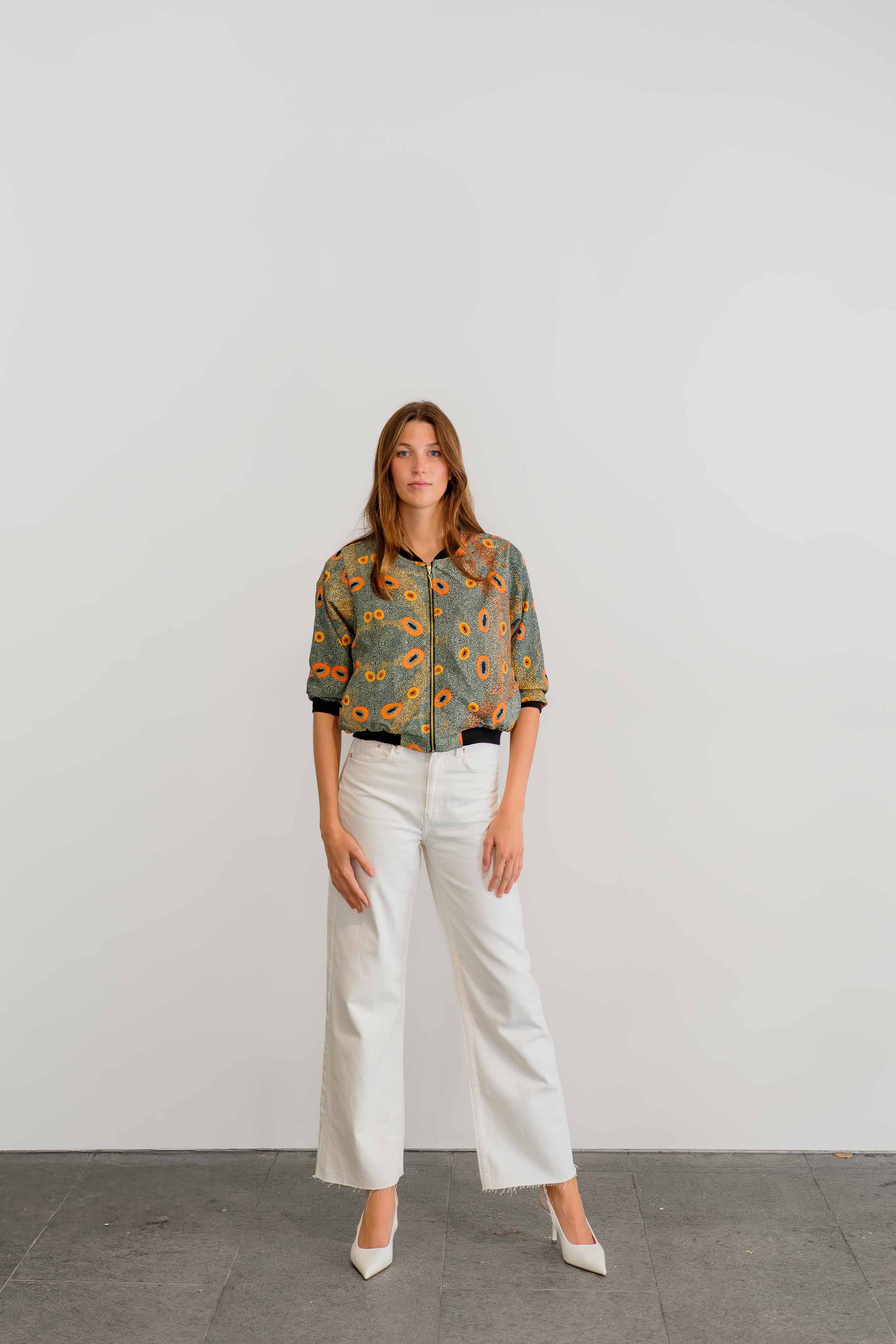 Dry Country Bomber Jacket | Women's 3/4 Sleeve Silk Mango Jacket- Artwork by Sheryl Hicks