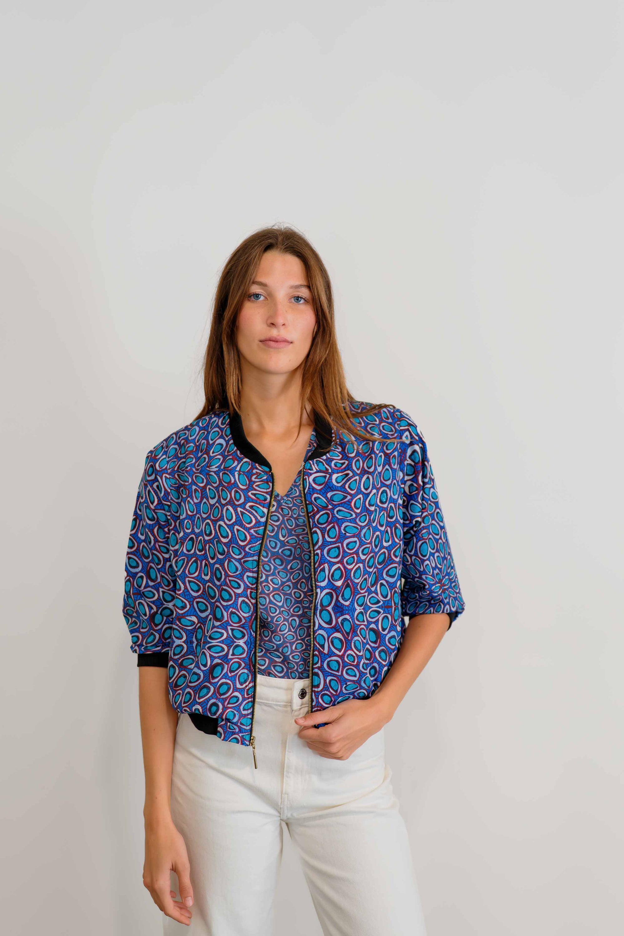 Pilbara Wildflowers Bomber Jacket | Women's 3/4 Sleeve Statement Jacket - Artwork by Carol Martin