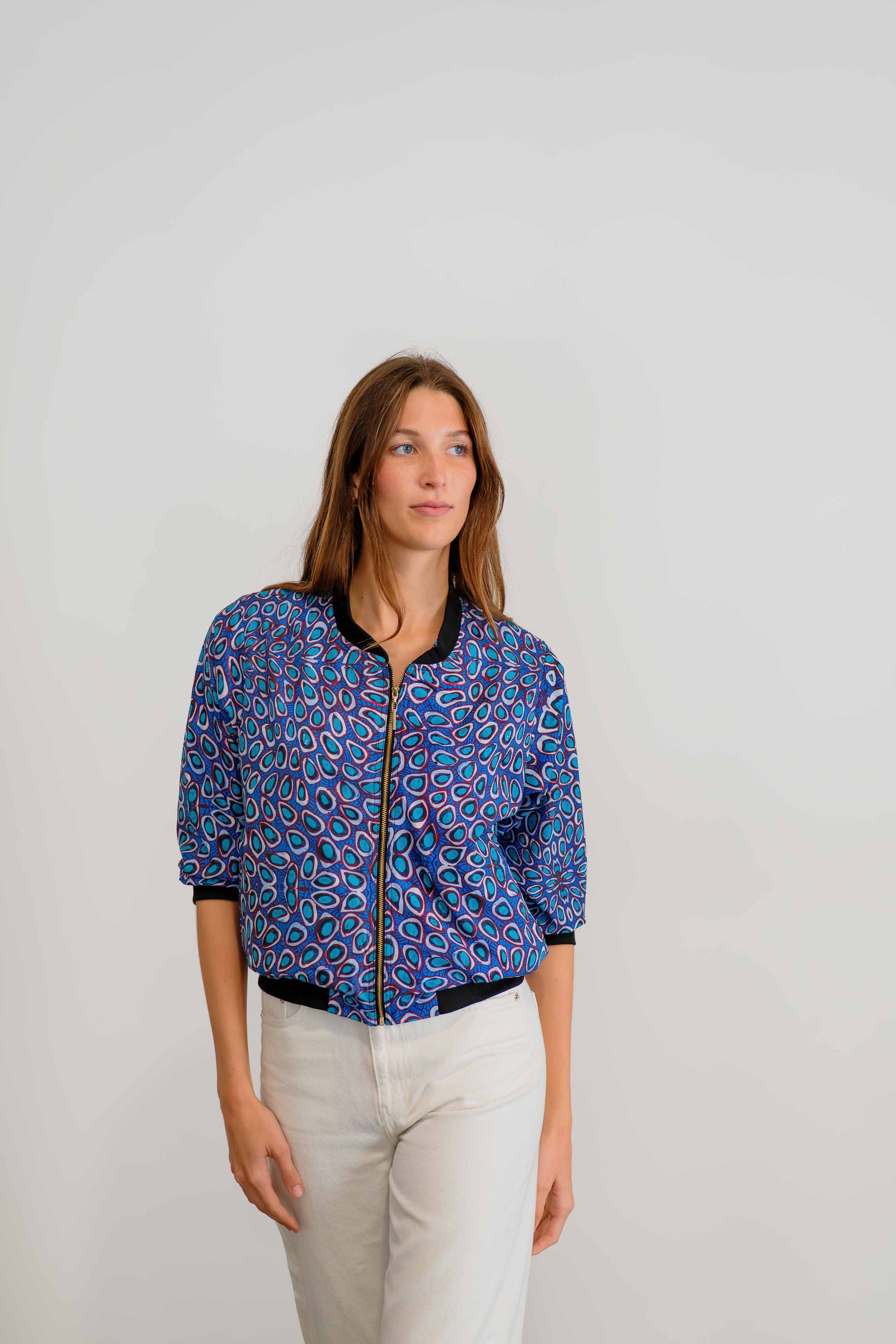 Pilbara Wildflowers Bomber Jacket | Women's 3/4 Sleeve Statement Jacket - Artwork by Carol Martin