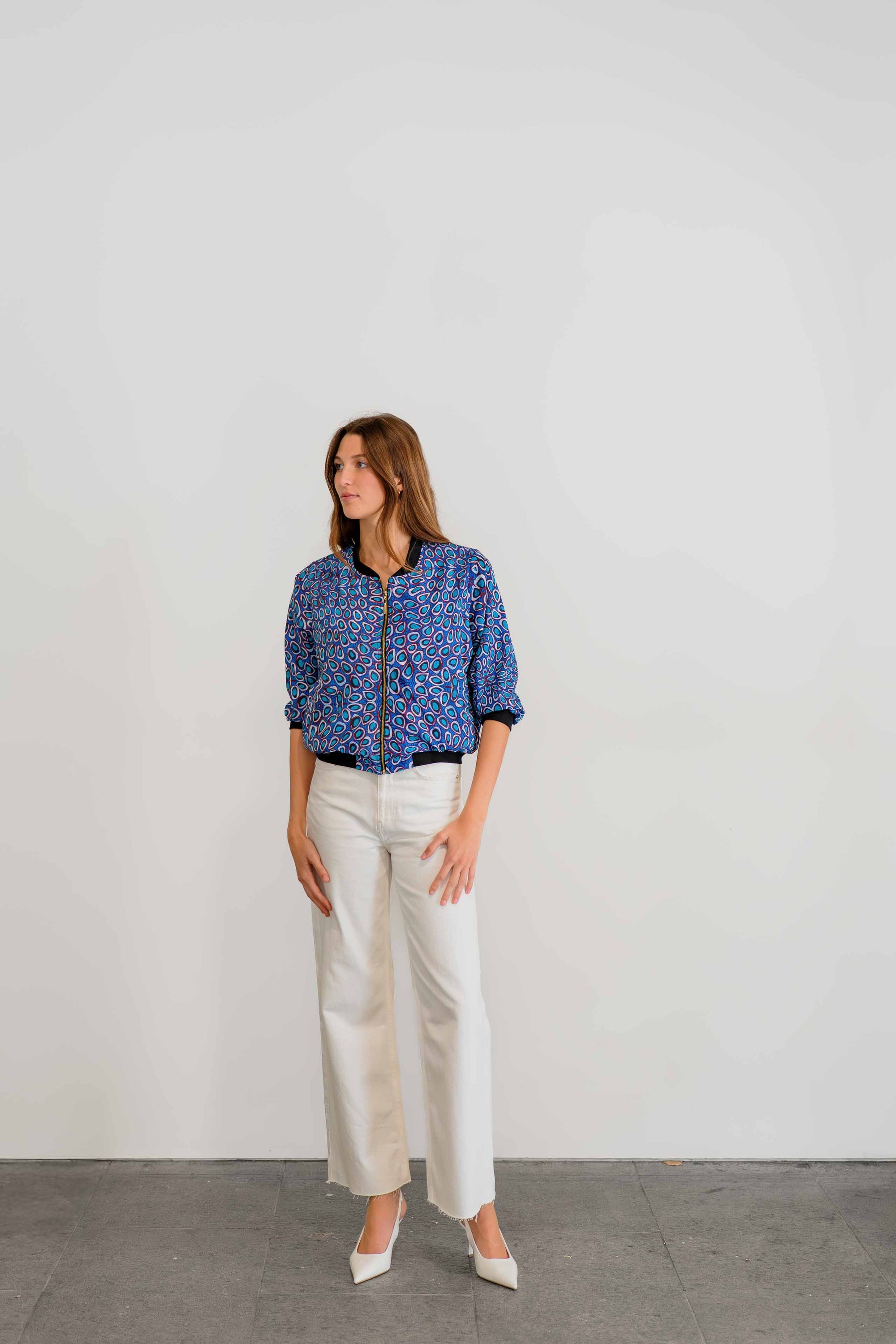 Pilbara Wildflowers Bomber Jacket | Women's 3/4 Sleeve Statement Jacket - Artwork by Carol Martin