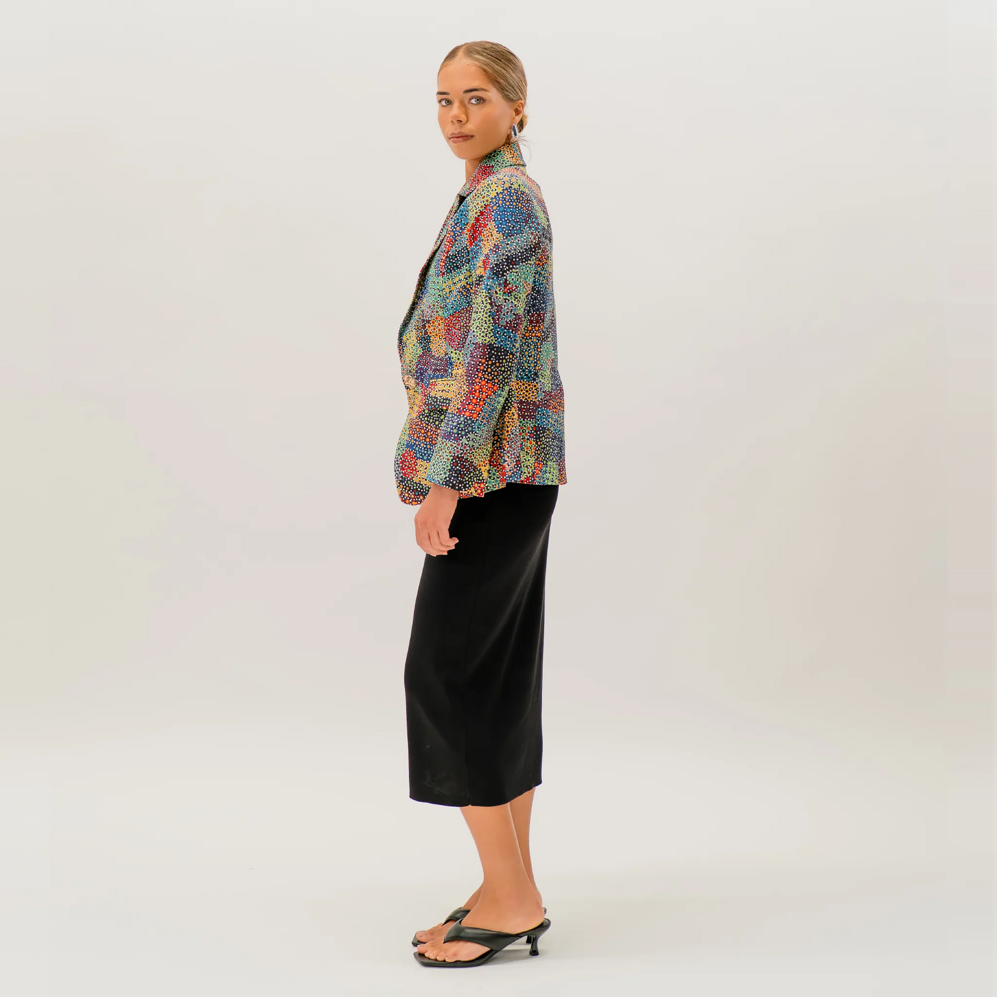 Pilbara Wildflowers Jacket showcasing colourful Australian wildflower artwork designed by Sheryl Hicks.