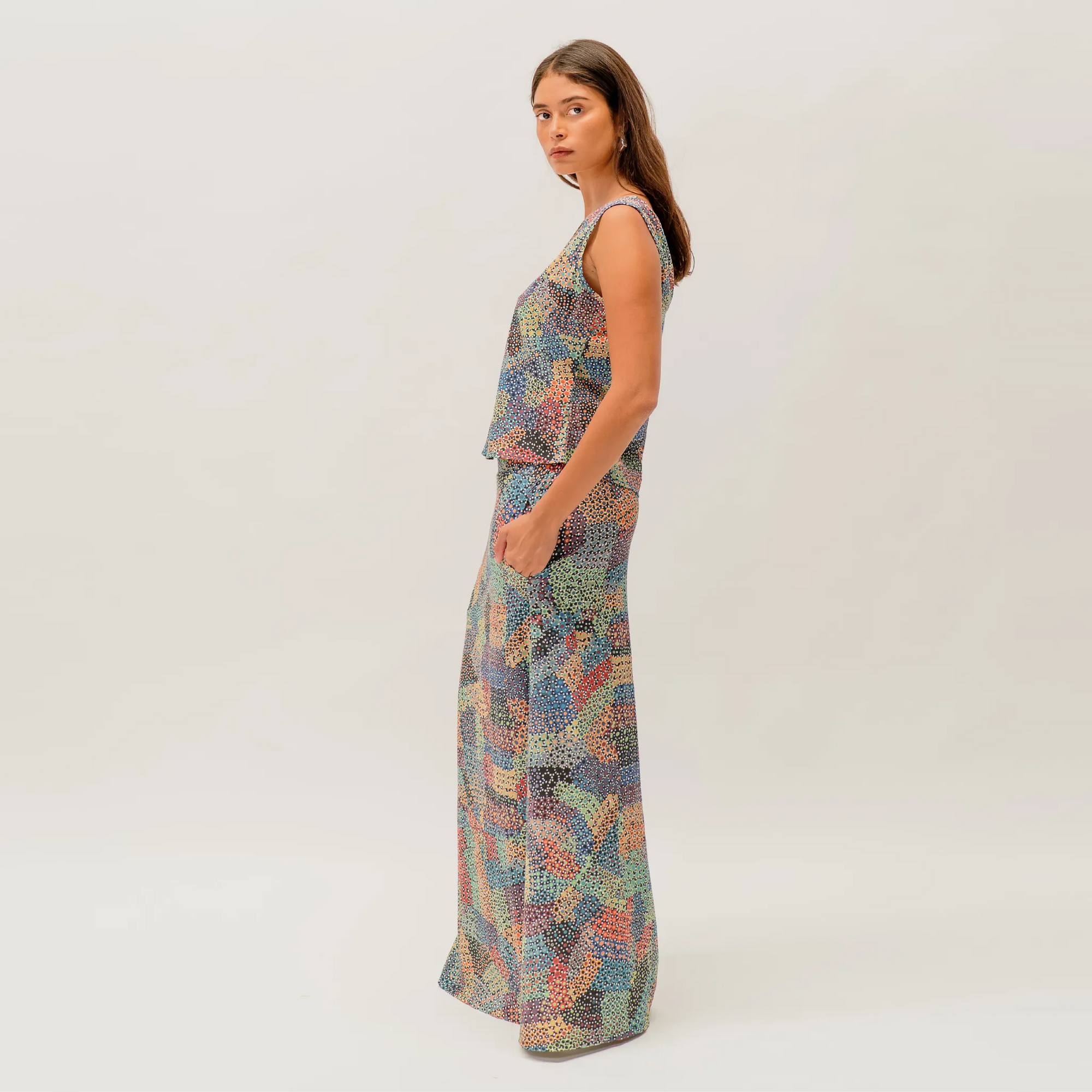 Pilbara Wildflowers skirt showcasing authentic Australian native floral artwork by Sheryl Hicks.