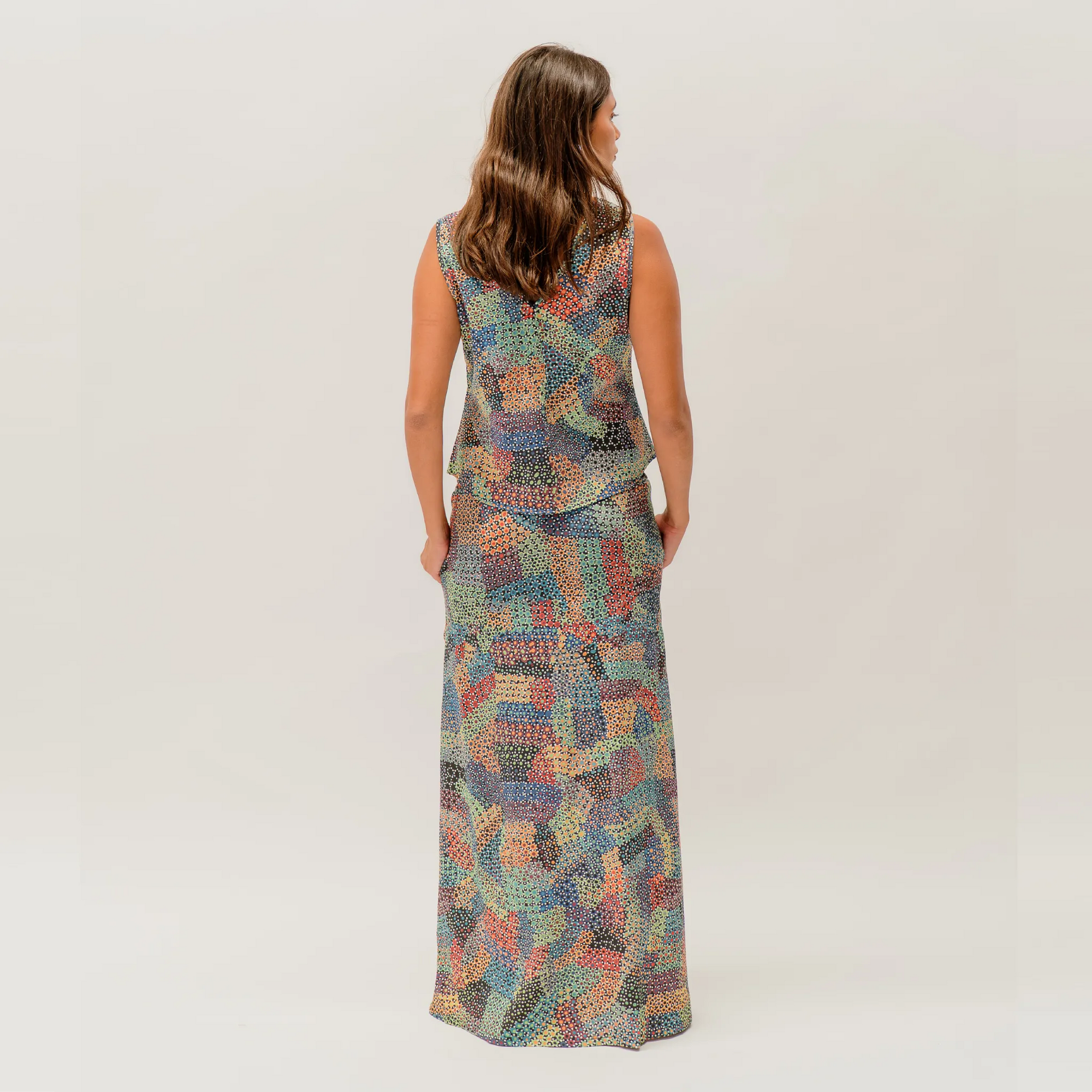 Women's Pilbara Wildflowers skirt with colourful botanical artwork by Australian artist Sheryl Hicks.
