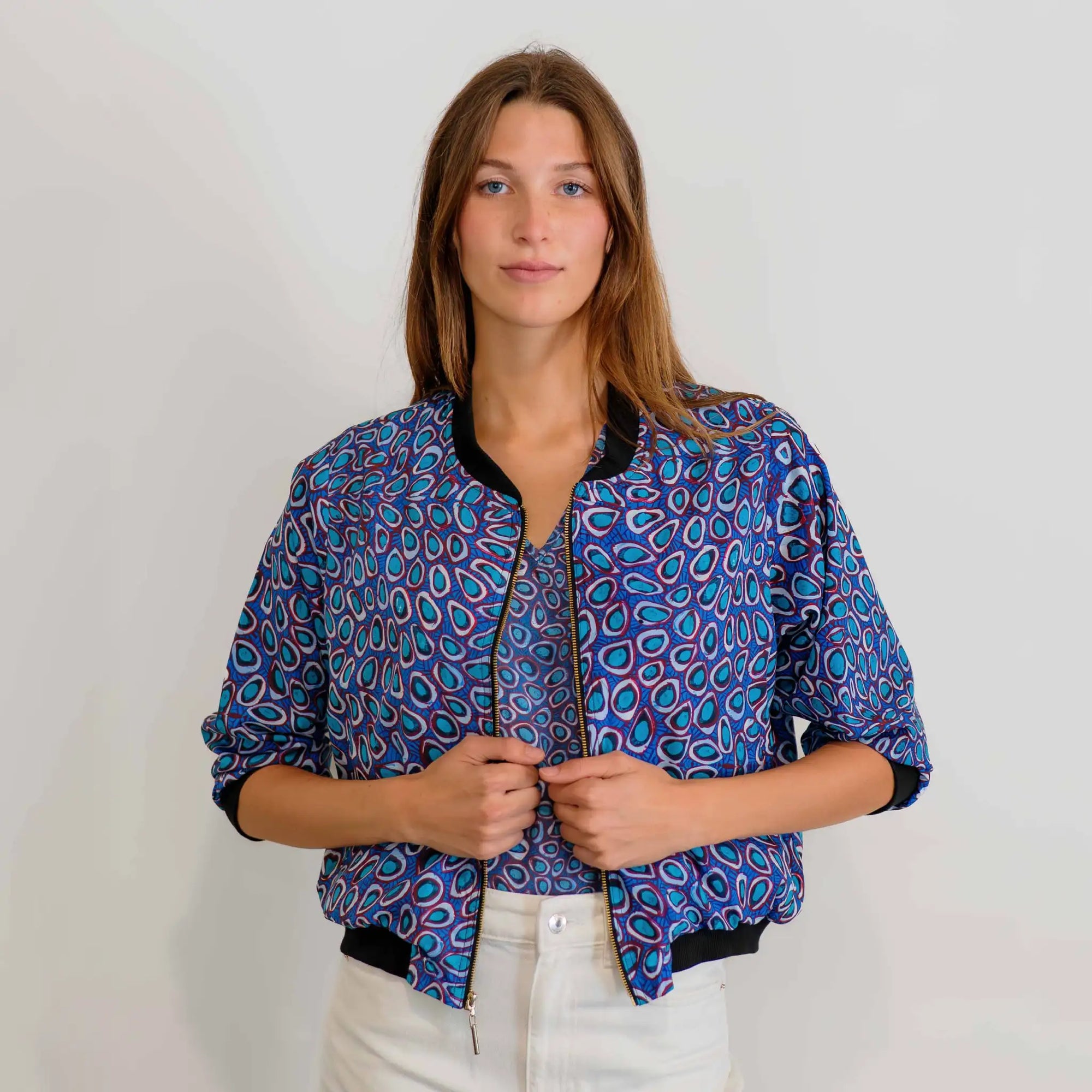 Pilbara Wildflowers Bomber Jacket with detailed native Australian floral artwork inspired by the Pilbara landscape.