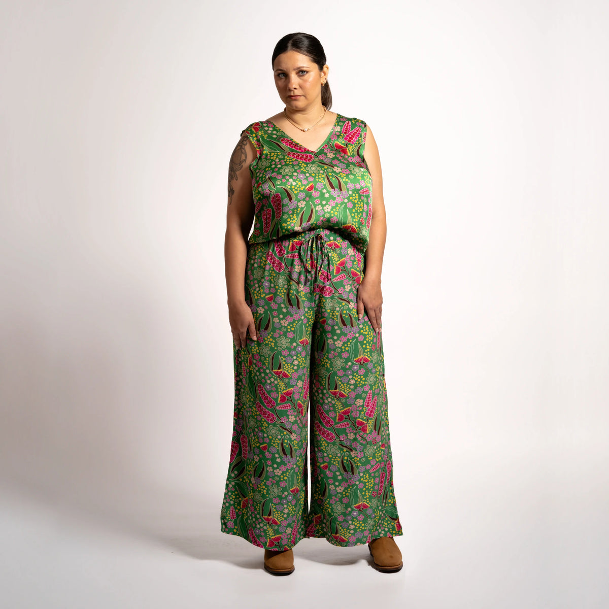Front view of model wearing Sophie Pants Boodja showing wide-leg silhouette and elastic drawstring waist detail.