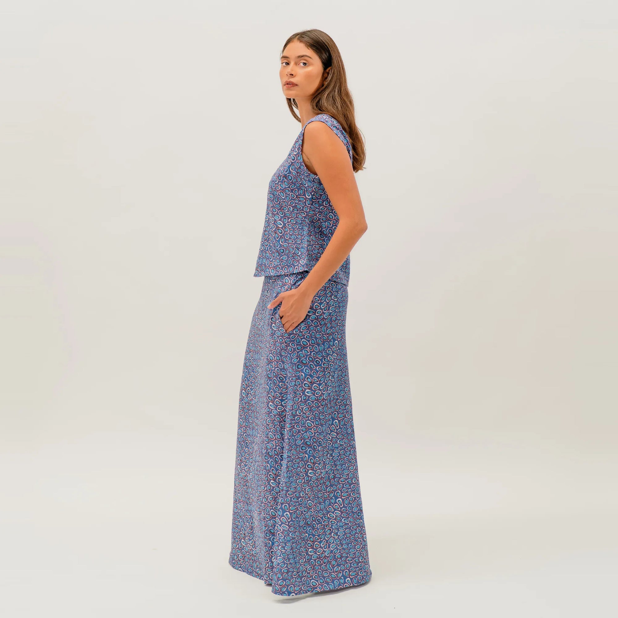 Wildflowers in the Pilbara skirt with contemporary Indigenous artwork by Carol Martin inspired by Western Australia's Pilbara landscape.