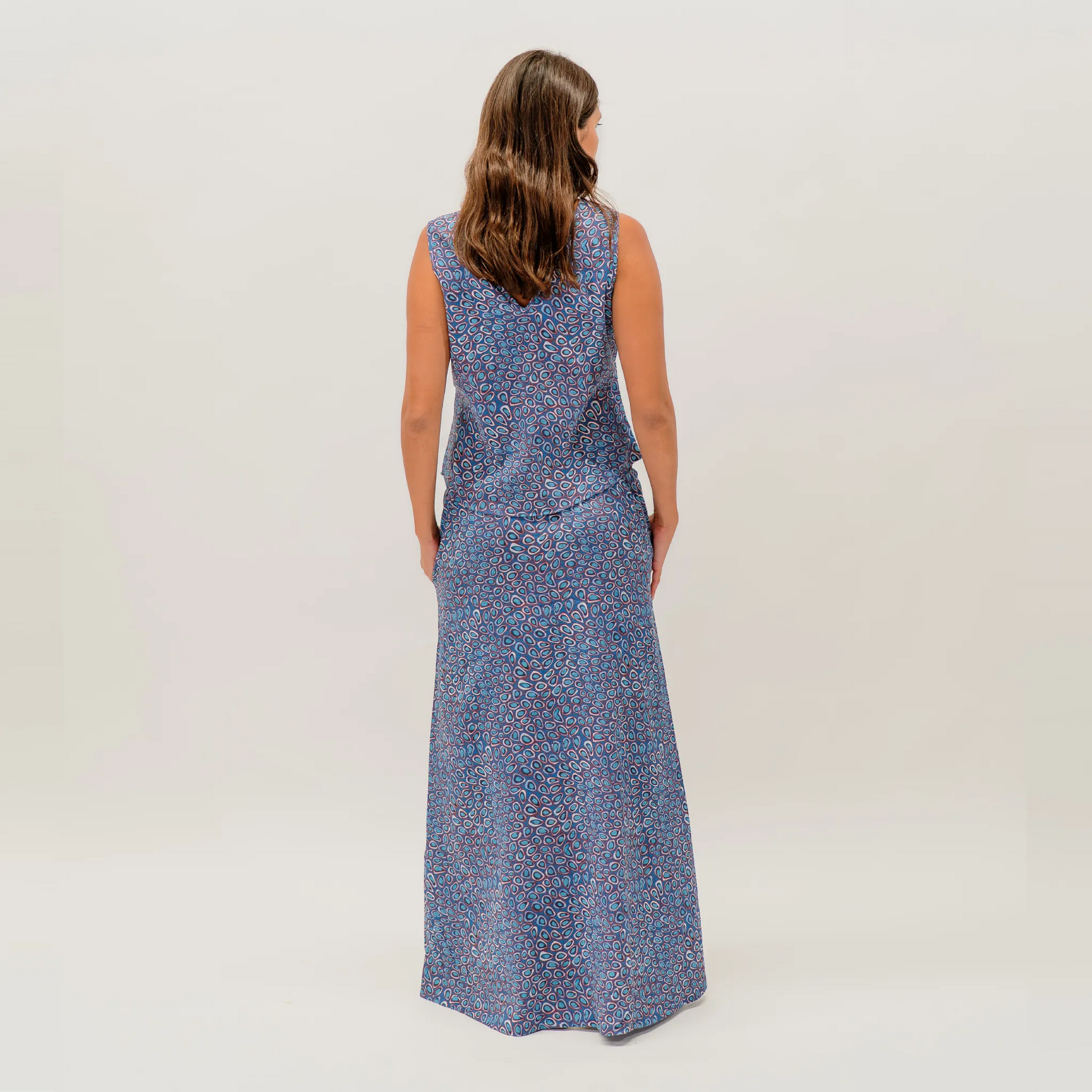 Australian fashion skirt featuring Wildflowers in the Pilbara artwork by Carol Martin celebrating native Australian flora.