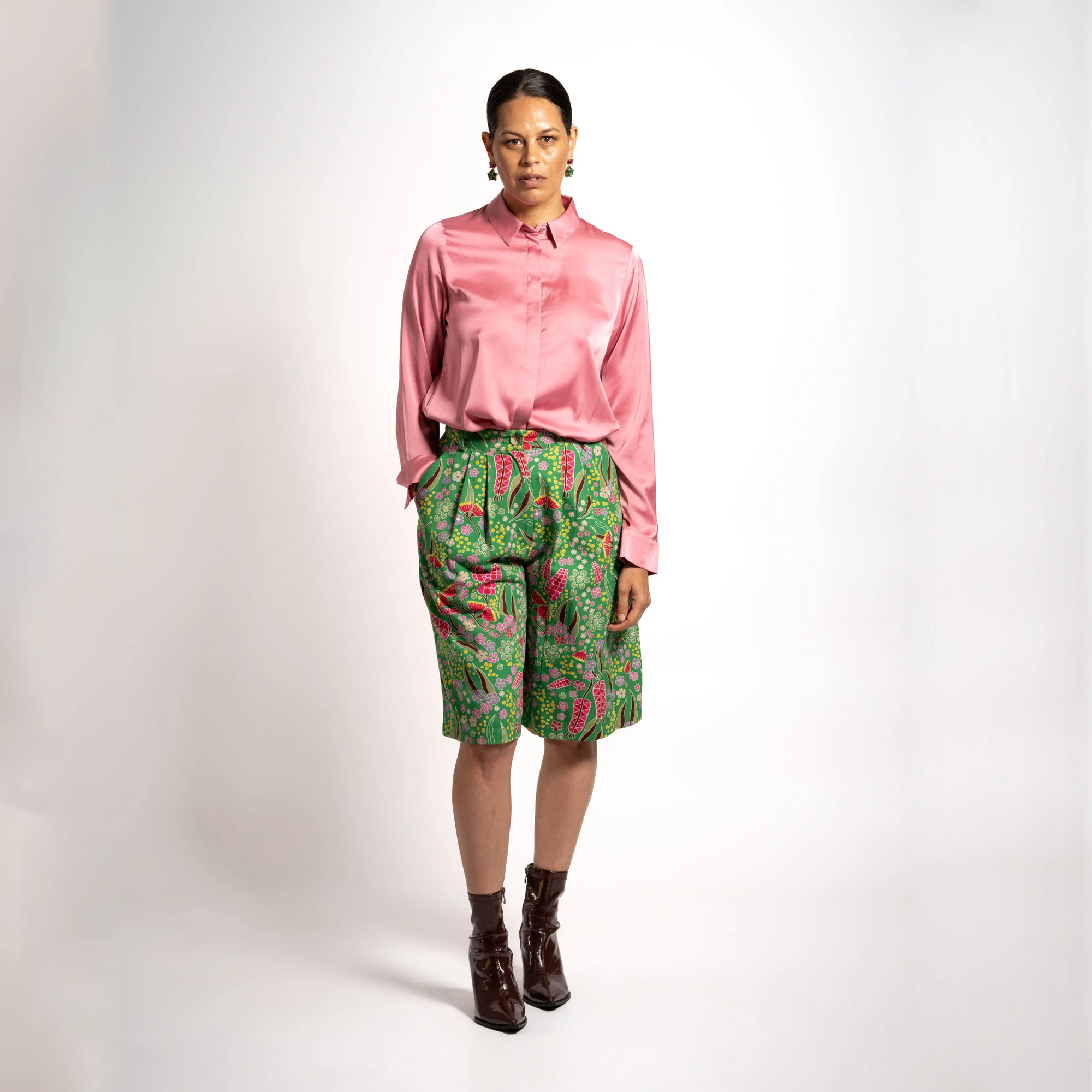 Kirrikin Women's Tailored Shorts Boodja with elasticated waist and Indigenous artwork by Buffie Punch