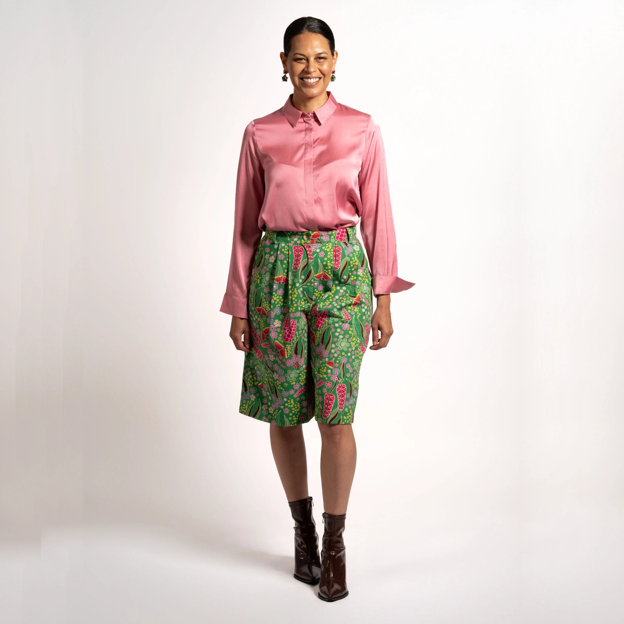Front view of the Boodja print tailored shorts by Indigenous fashion brand Kirrikin
